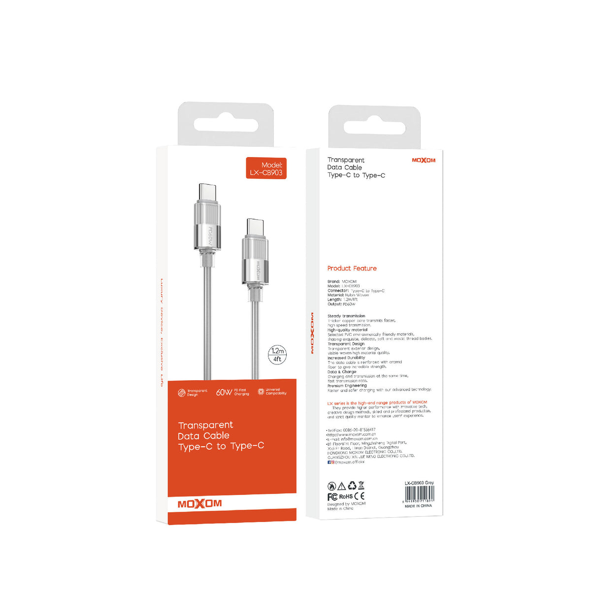 MOXOM LX-CB903 Transparent USB-C to USB-C Cable – 60W PD Fast Charging, Nylon Woven, 1.2m