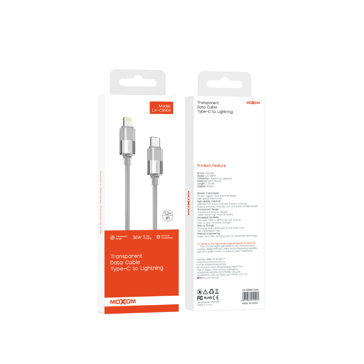 MOXOM LX-CB904 Transparent USB-C to Lightning Cable – 36W PD Fast Charging, Nylon Woven, 1.2m