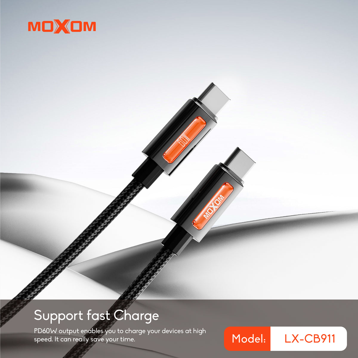 MOXOM LX-CB911 USB-C to USB-C Cable – 60W PD Fast Charging, Nylon Braided, Zinc Alloy, 1m