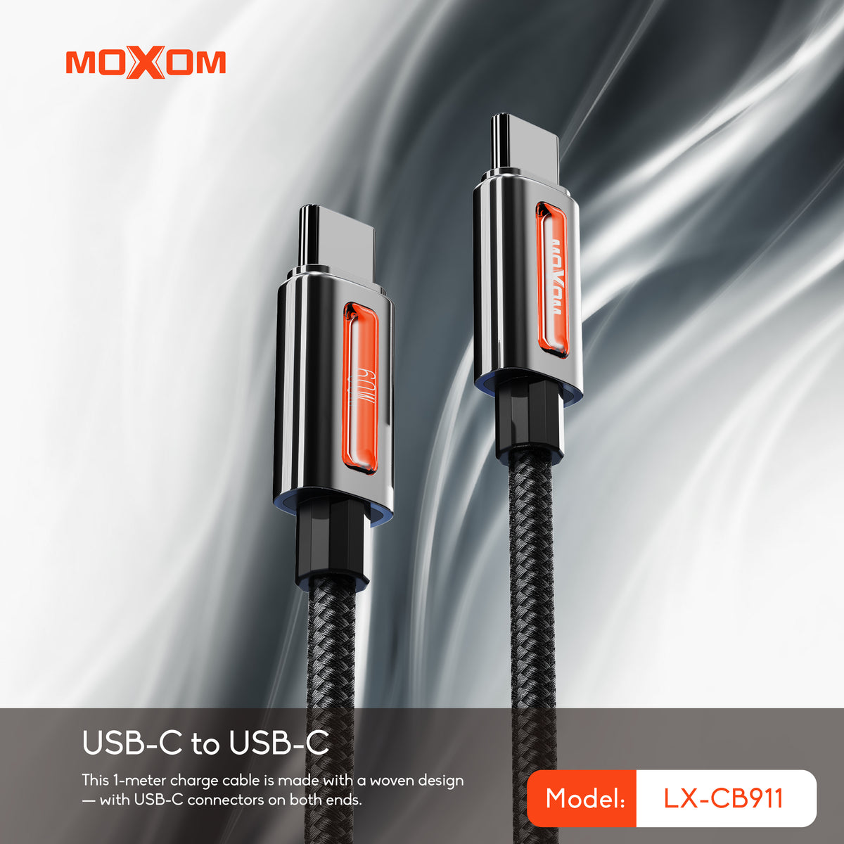 MOXOM LX-CB911 USB-C to USB-C Cable – 60W PD Fast Charging, Nylon Braided, Zinc Alloy, 1m