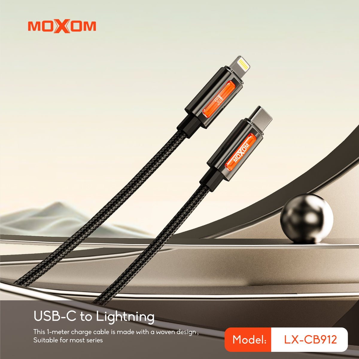 MOXOM LX-CB912 USB-C to Lightning Cable – 36W PD Fast Charging, Nylon Braided, Zinc Alloy, 1m