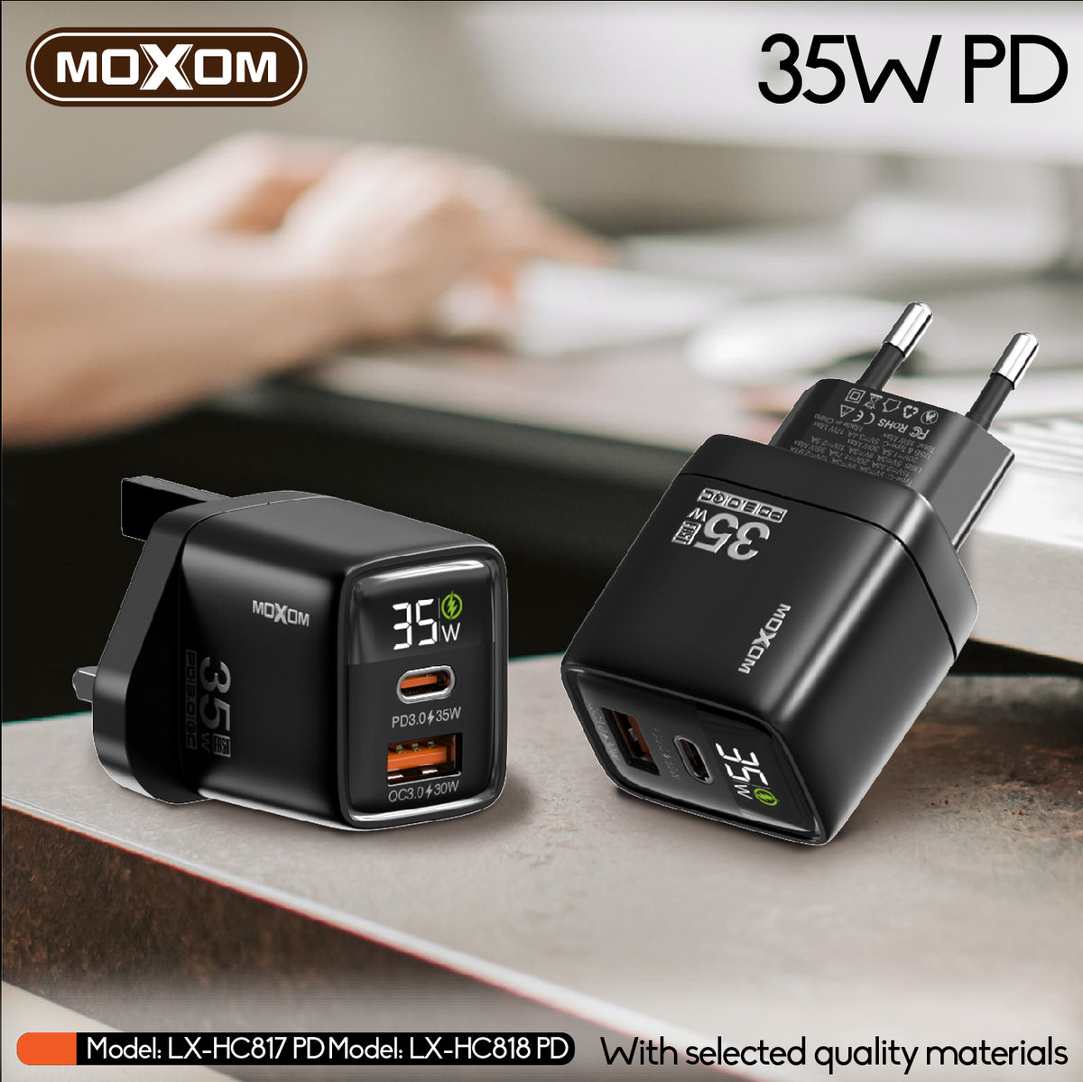 MOXOM LX-HC818 PD 35W Dual-Port Fast Charger with LCD Display – USB-C + USB-A, PPS, QC, SCP, AFC