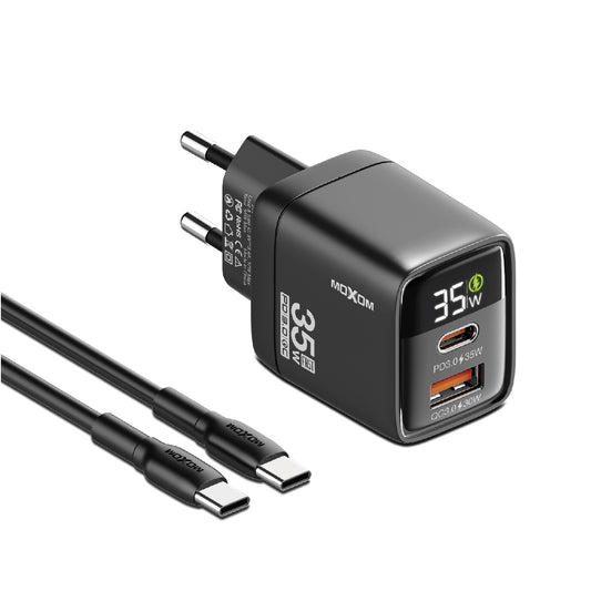 MOXOM LX-HC818 PD 35W Dual-Port Fast Charger with LCD Display – USB-C + USB-A, PPS, QC, SCP, AFC