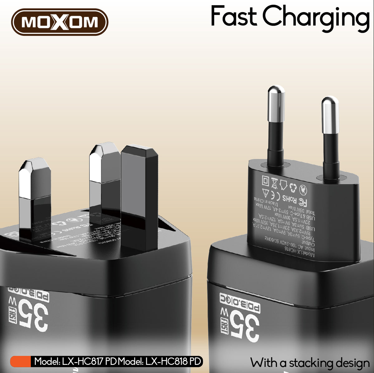 MOXOM LX-HC818 PD 35W Dual-Port Fast Charger with LCD Display – USB-C + USB-A, PPS, QC, SCP, AFC