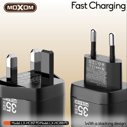 MOXOM LX-HC818 PD 35W Dual-Port Fast Charger with LCD Display – USB-C + USB-A, PPS, QC, SCP, AFC