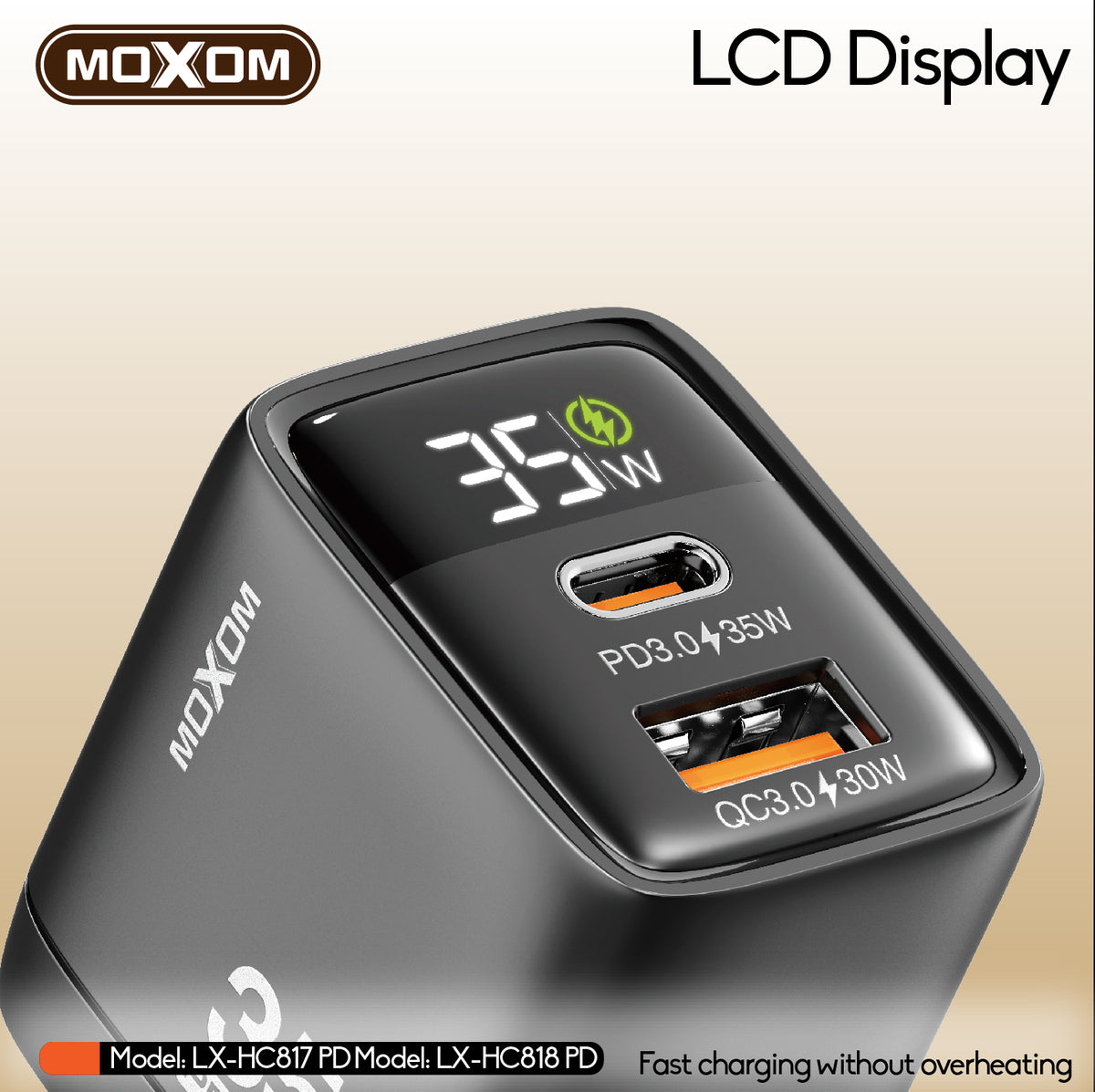 MOXOM LX-HC818 PD 35W Dual-Port Fast Charger with LCD Display – USB-C + USB-A, PPS, QC, SCP, AFC