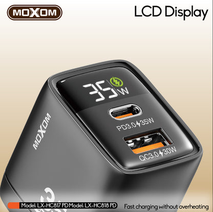 MOXOM LX-HC818 PD 35W Dual-Port Fast Charger with LCD Display – USB-C + USB-A, PPS, QC, SCP, AFC