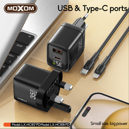 MOXOM LX-HC818 PD 35W Dual-Port Fast Charger with LCD Display – USB-C + USB-A, PPS, QC, SCP, AFC