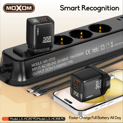 MOXOM LX-HC818 PD 35W Dual-Port Fast Charger with LCD Display – USB-C + USB-A, PPS, QC, SCP, AFC