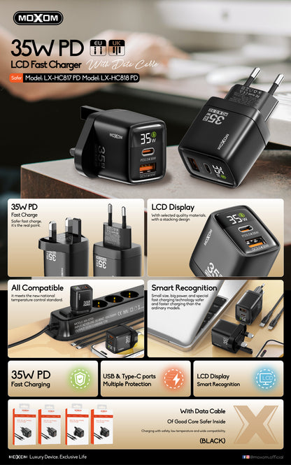 MOXOM LX-HC818 PD 35W Dual-Port Fast Charger with LCD Display – USB-C + USB-A, PPS, QC, SCP, AFC
