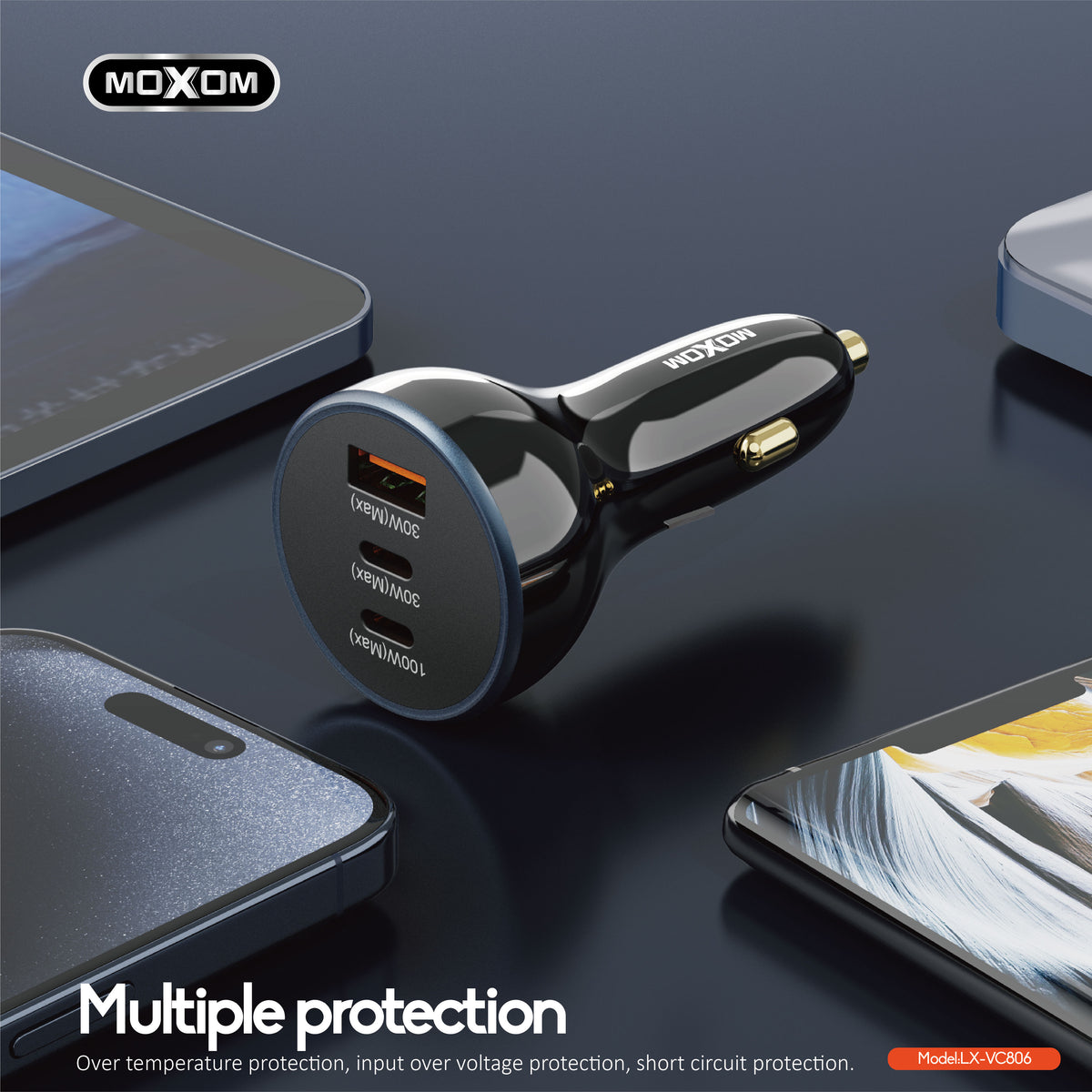 MOXOM LX-VC806 160W 3-Port Car Charger – 100W USB-C Laptop Charging + 30W USB-C + 30W USB-A