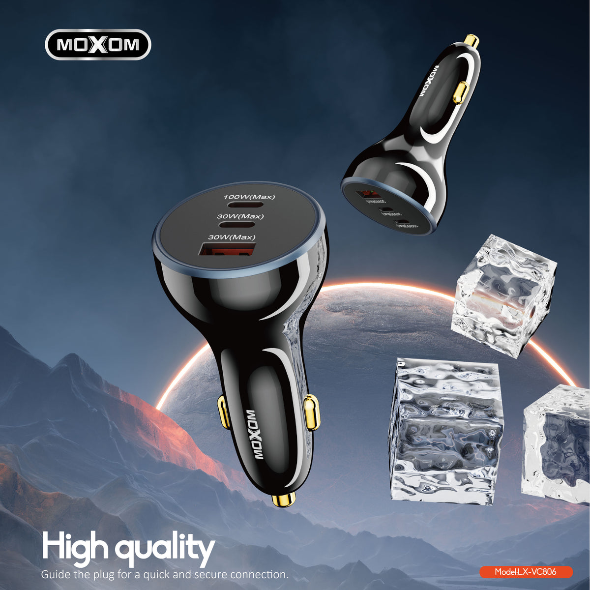 MOXOM LX-VC806 160W 3-Port Car Charger – 100W USB-C Laptop Charging + 30W USB-C + 30W USB-A