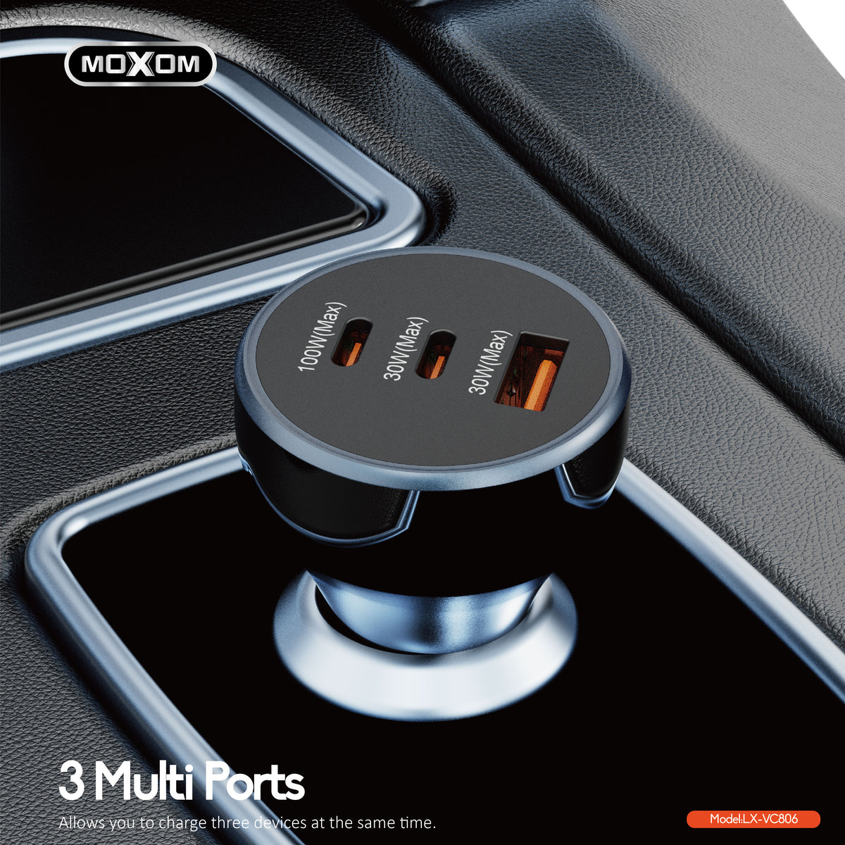 MOXOM LX-VC806 160W 3-Port Car Charger – 100W USB-C Laptop Charging + 30W USB-C + 30W USB-A