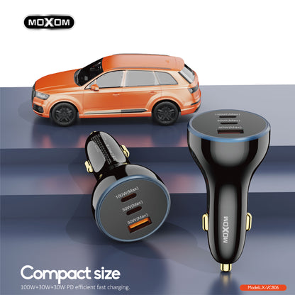 MOXOM LX-VC806 160W 3-Port Car Charger – 100W USB-C Laptop Charging + 30W USB-C + 30W USB-A