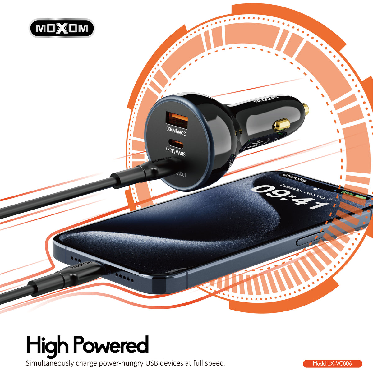 MOXOM LX-VC806 160W 3-Port Car Charger – 100W USB-C Laptop Charging + 30W USB-C + 30W USB-A
