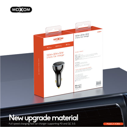 MOXOM LX-VC806 160W 3-Port Car Charger – 100W USB-C Laptop Charging + 30W USB-C + 30W USB-A