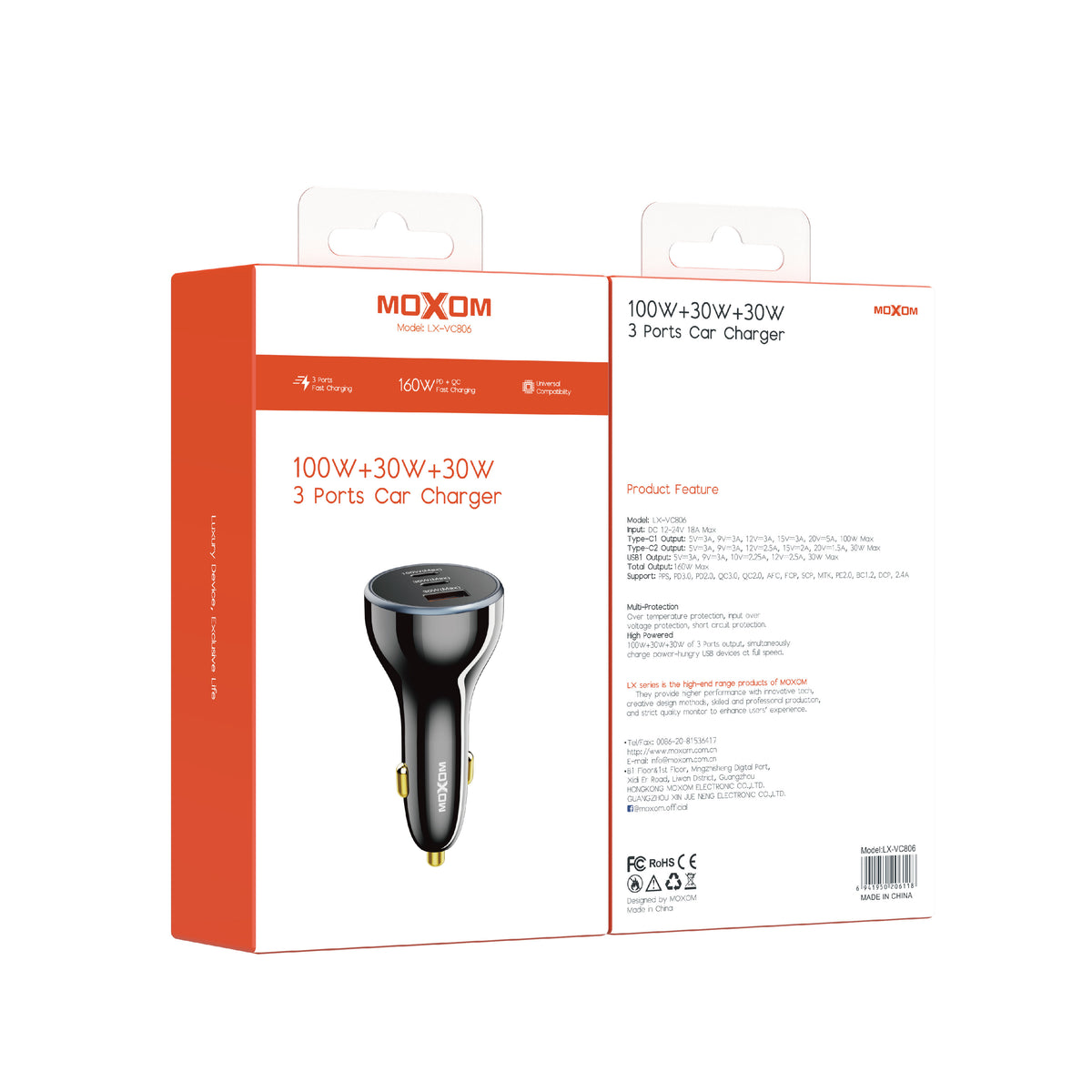 MOXOM LX-VC806 160W 3-Port Car Charger – 100W USB-C Laptop Charging + 30W USB-C + 30W USB-A