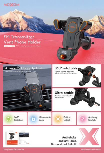 MOXOM LX-VS808 2-in-1 Vent Phone Holder + Bluetooth FM Transmitter – Stream to Car Stereo, USB Charging