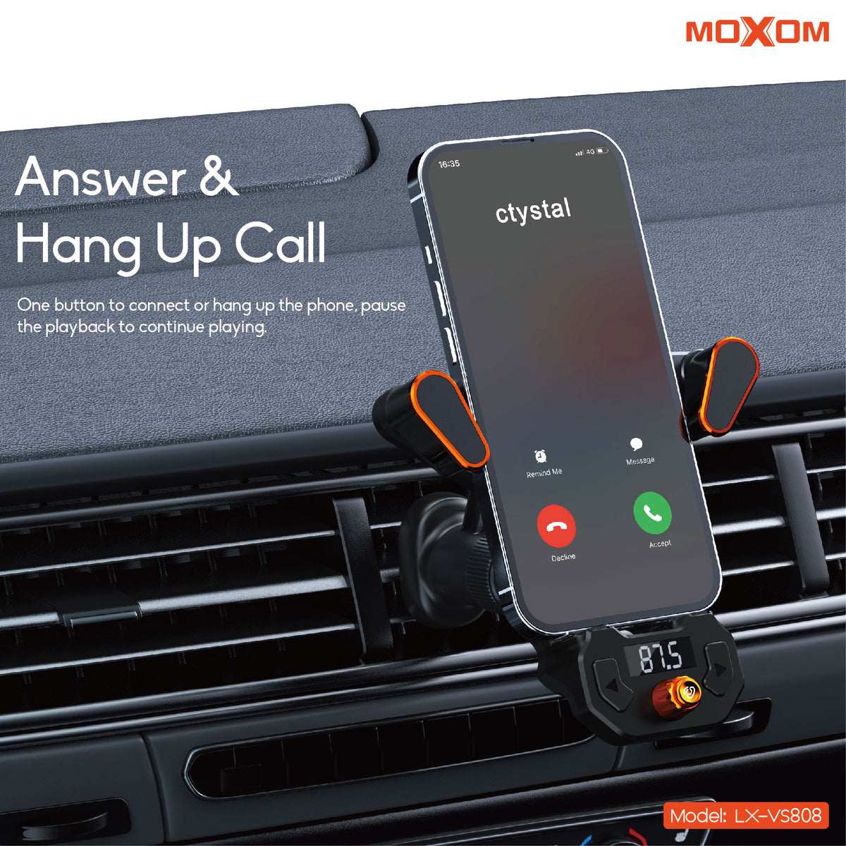 MOXOM LX-VS808 2-in-1 Vent Phone Holder + Bluetooth FM Transmitter – Stream to Car Stereo, USB Charging
