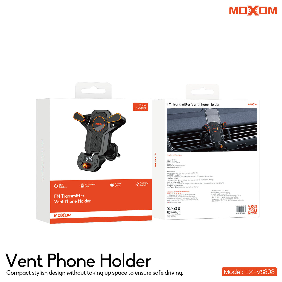 MOXOM LX-VS808 2-in-1 Vent Phone Holder + Bluetooth FM Transmitter – Stream to Car Stereo, USB Charging