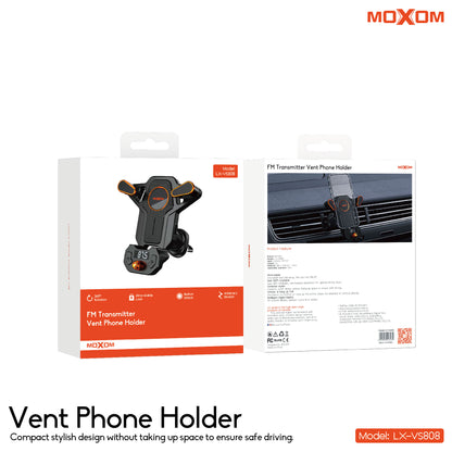 MOXOM LX-VS808 2-in-1 Vent Phone Holder + Bluetooth FM Transmitter – Stream to Car Stereo, USB Charging