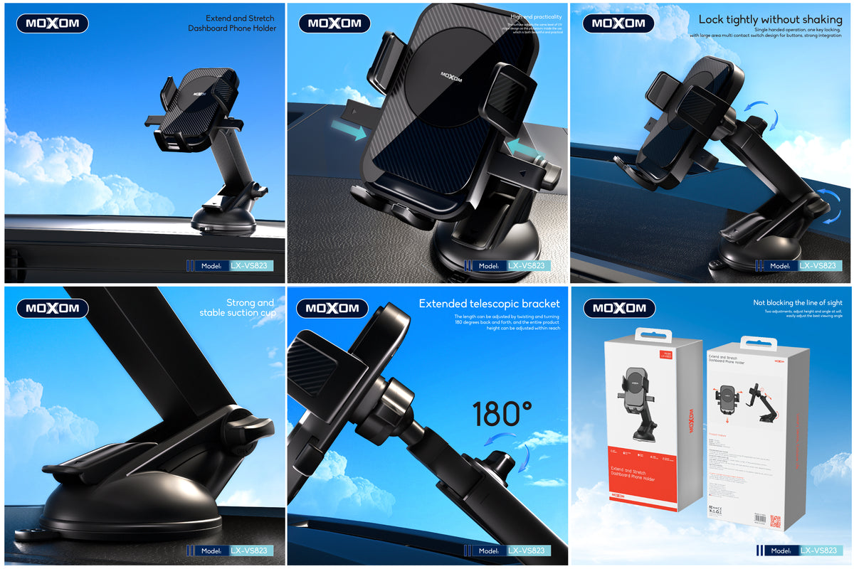 MOXOM LX-VS823 Extendable Dashboard Phone Holder – Wide 52-86mm Clamp, Adjustable Reach, Non-Slip
