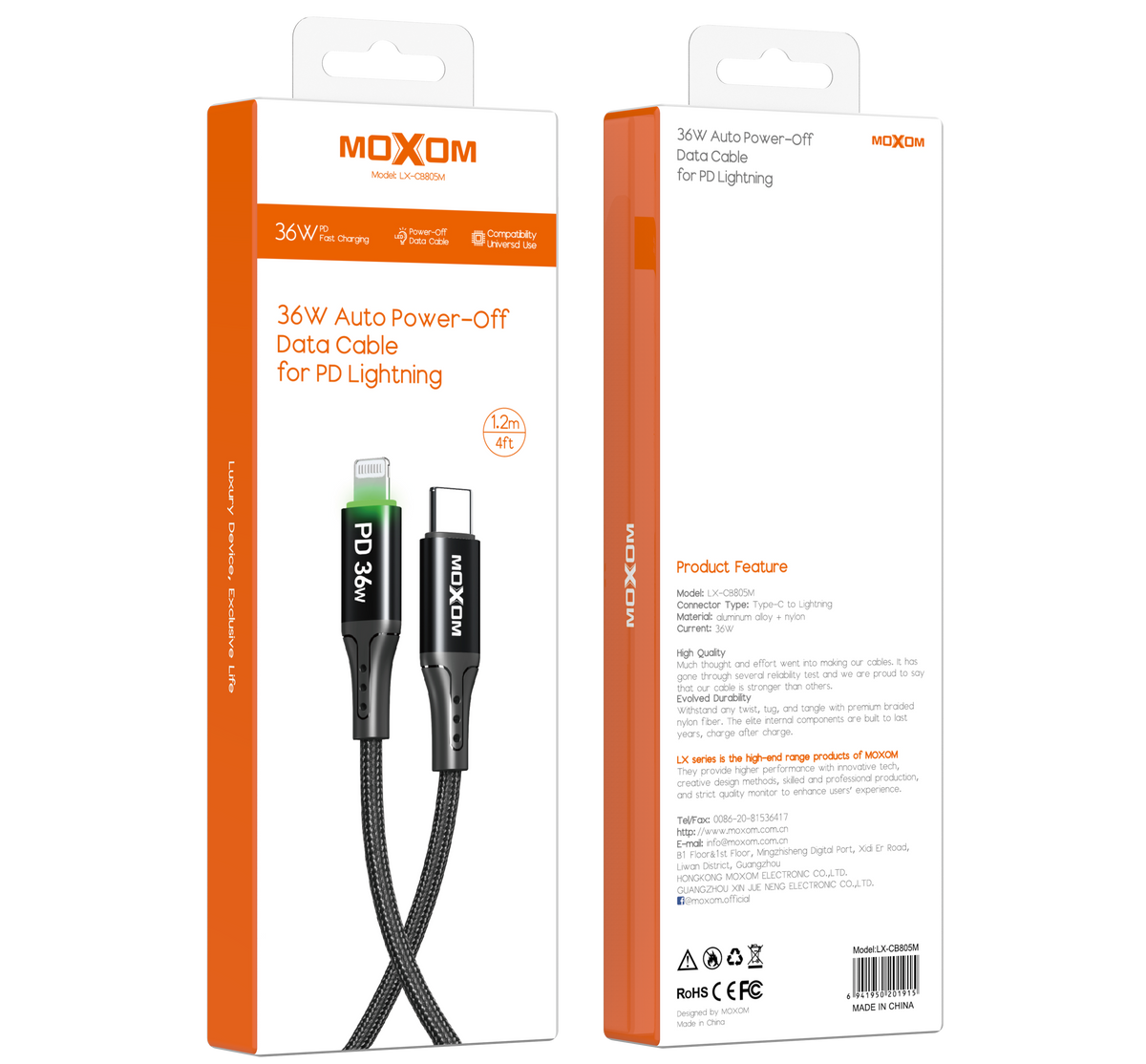 36W Auto Power-Off Data Cable for PD Lightning – MOXOM LX-CB805M