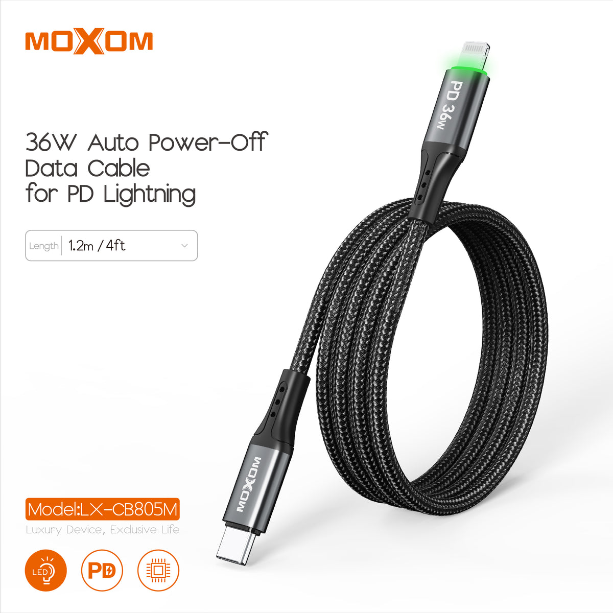 36W Auto Power-Off Data Cable for PD Lightning – MOXOM LX-CB805M