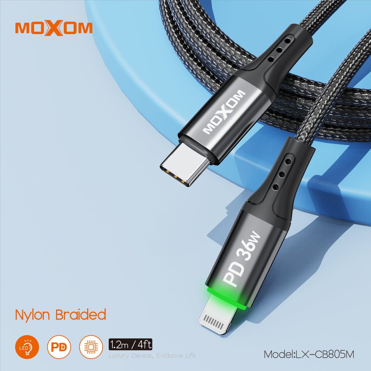 36W Auto Power-Off Data Cable for PD Lightning – MOXOM LX-CB805M