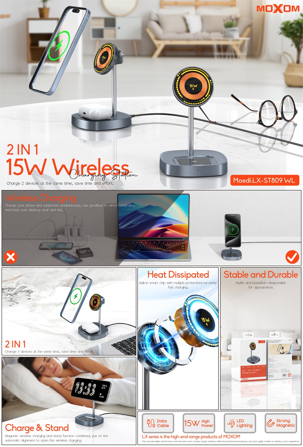 Moxom LX-ST809 2-in-1 Wireless Charging Station