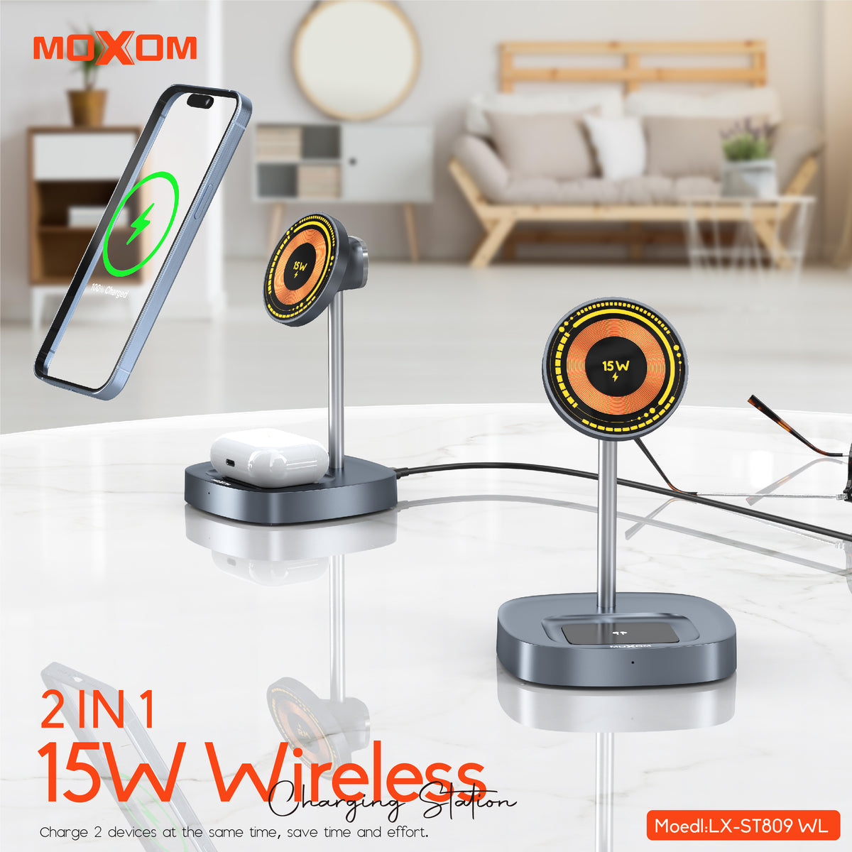 Moxom LX-ST809 2-in-1 Wireless Charging Station