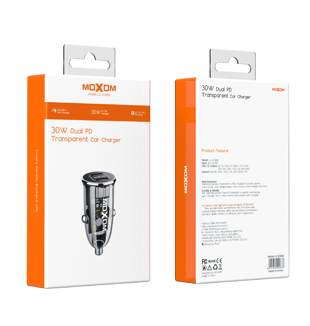 30W Dual-Port Transparent Car Charger – MOXOM LX-VC802