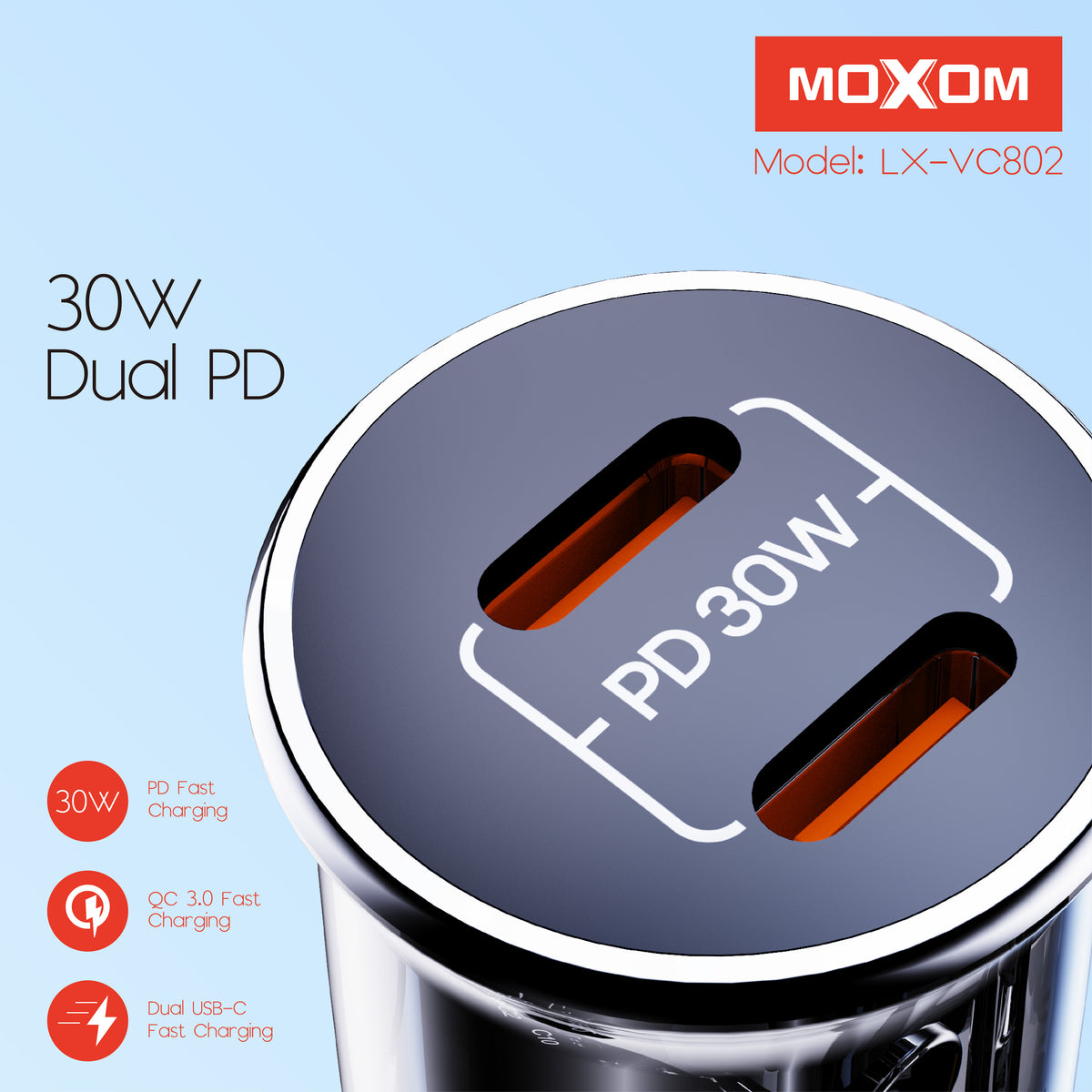30W Dual-Port Transparent Car Charger – MOXOM LX-VC802
