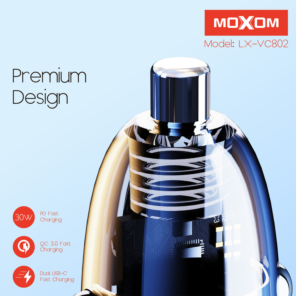 30W Dual-Port Transparent Car Charger – MOXOM LX-VC802