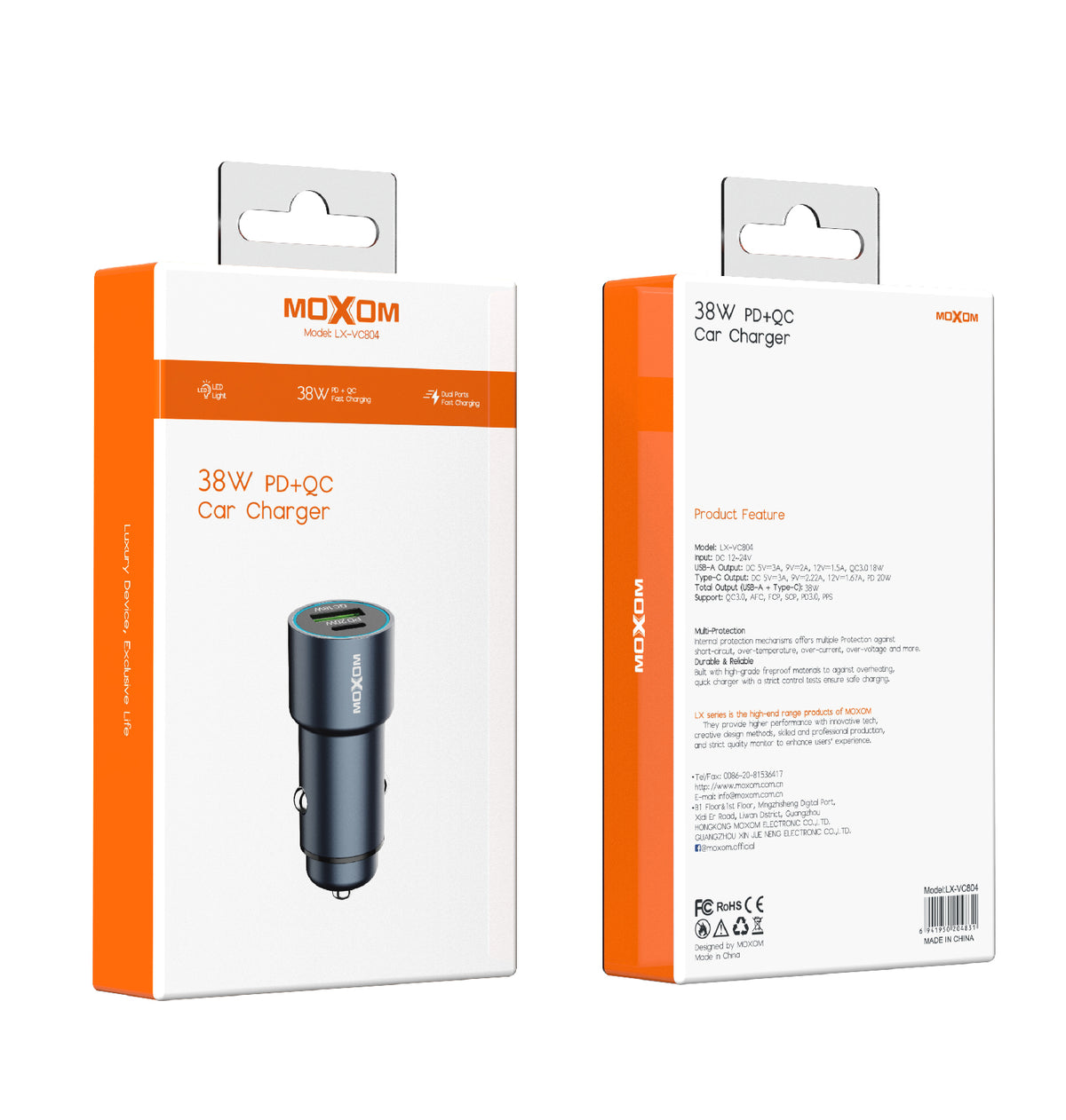 Moxom LX-VC804 38W PD+QC Dual-Port Car Charger