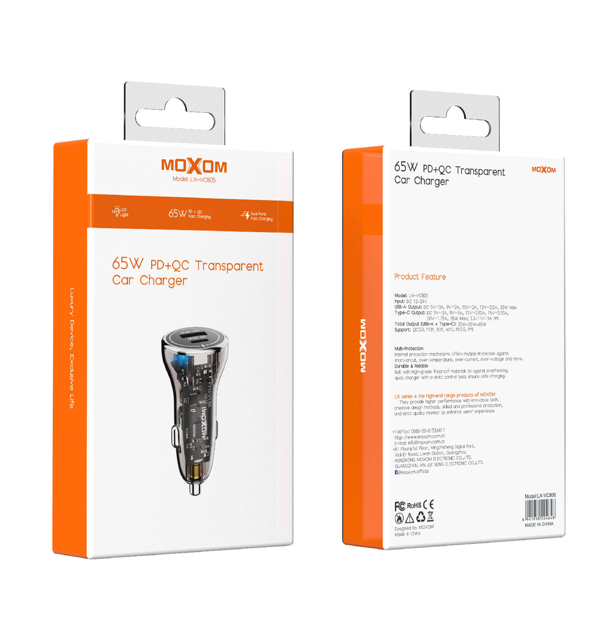 Moxom LX-VC805 65W PD+QC Transparent Car Charger