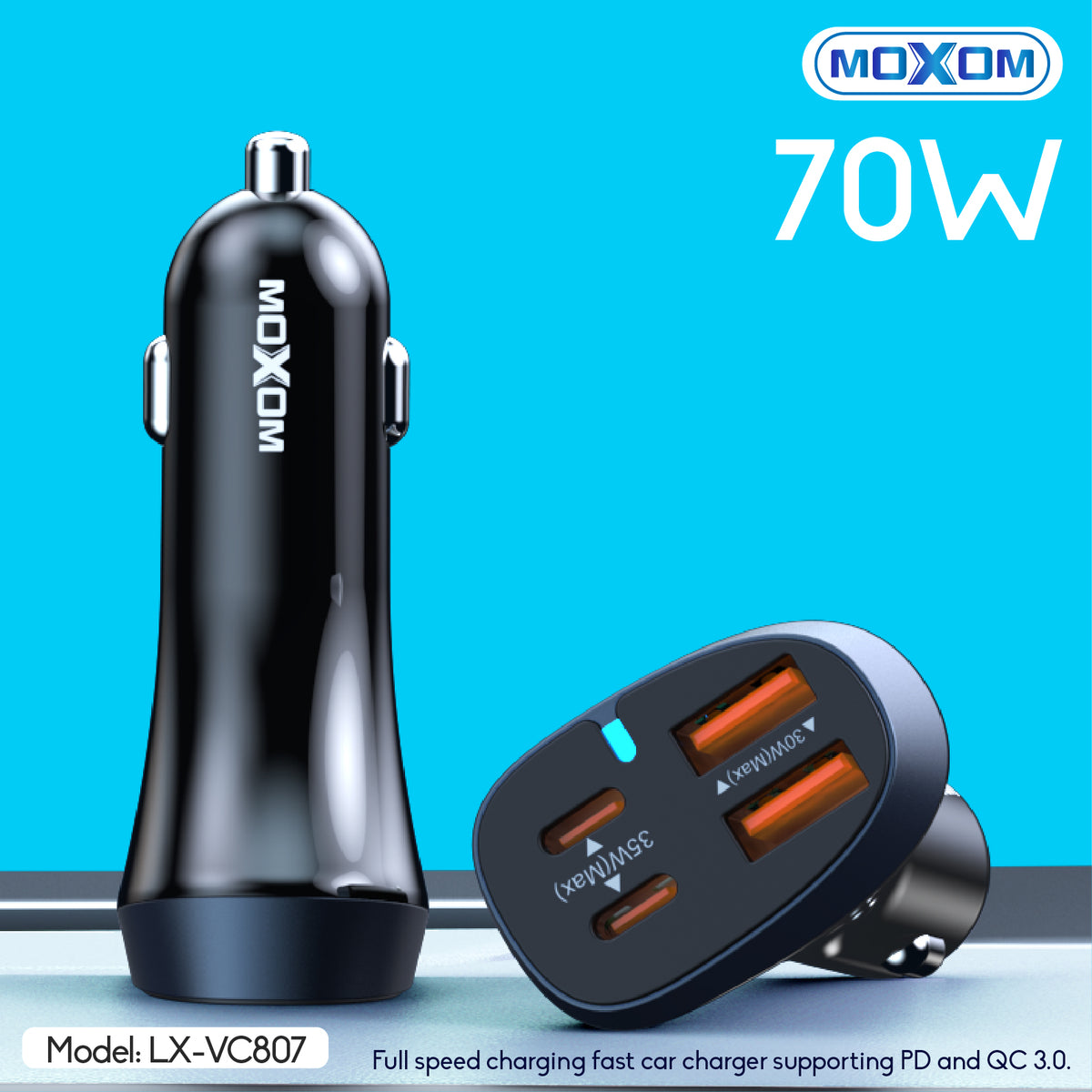 Moxom LX-VC807 LED 4-Port Car Charger – 2 USB + 2 Type-C