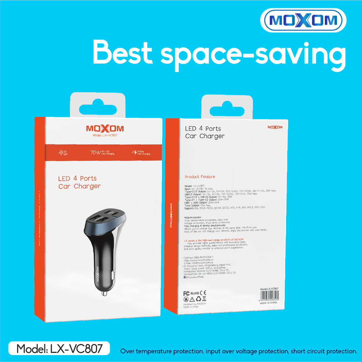 Moxom LX-VC807 LED 4-Port Car Charger – 2 USB + 2 Type-C