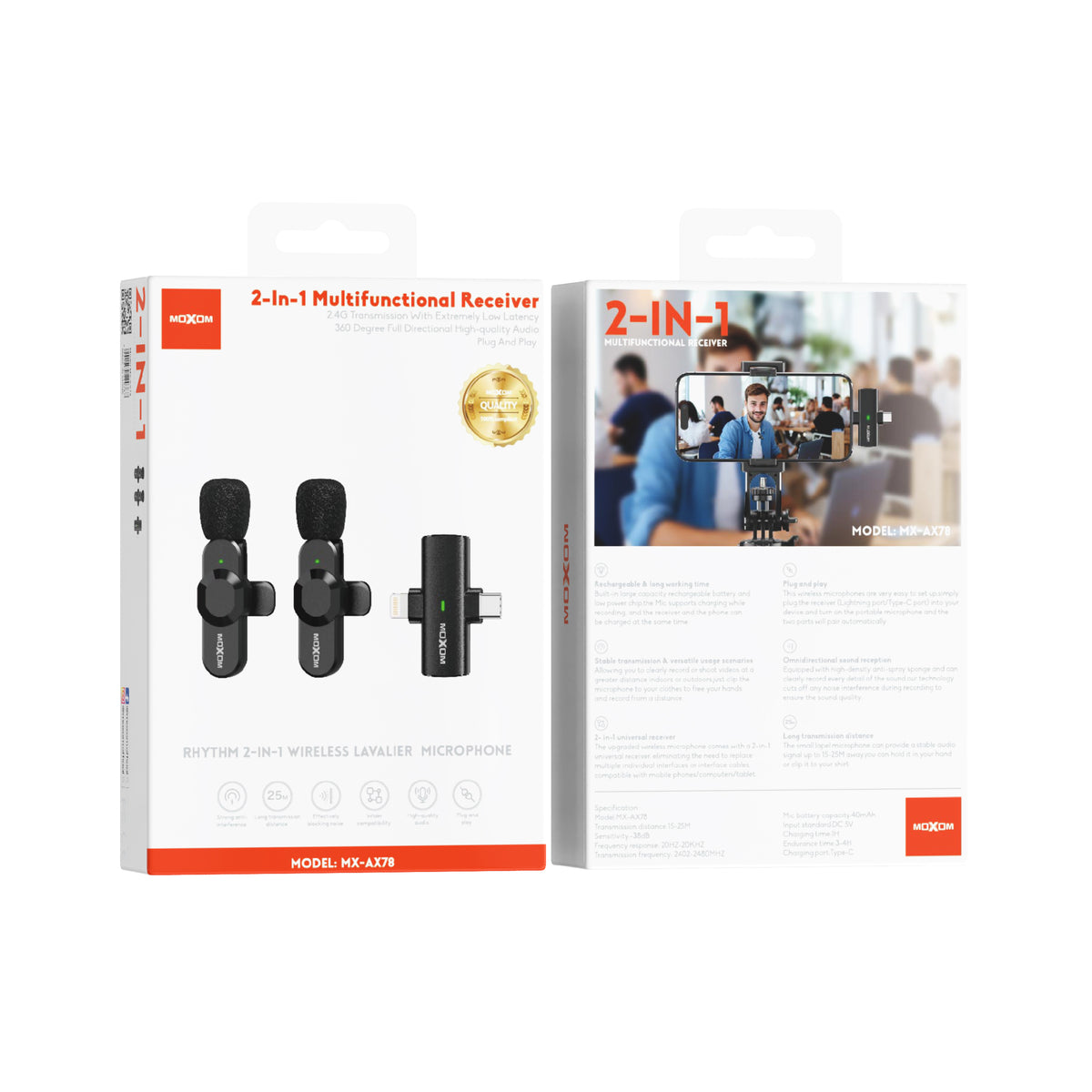 MOXOM MX-AX78 Rhythm Dual Wireless Lavalier Microphones – 2 Mics, 25m Range, Type-C Charging