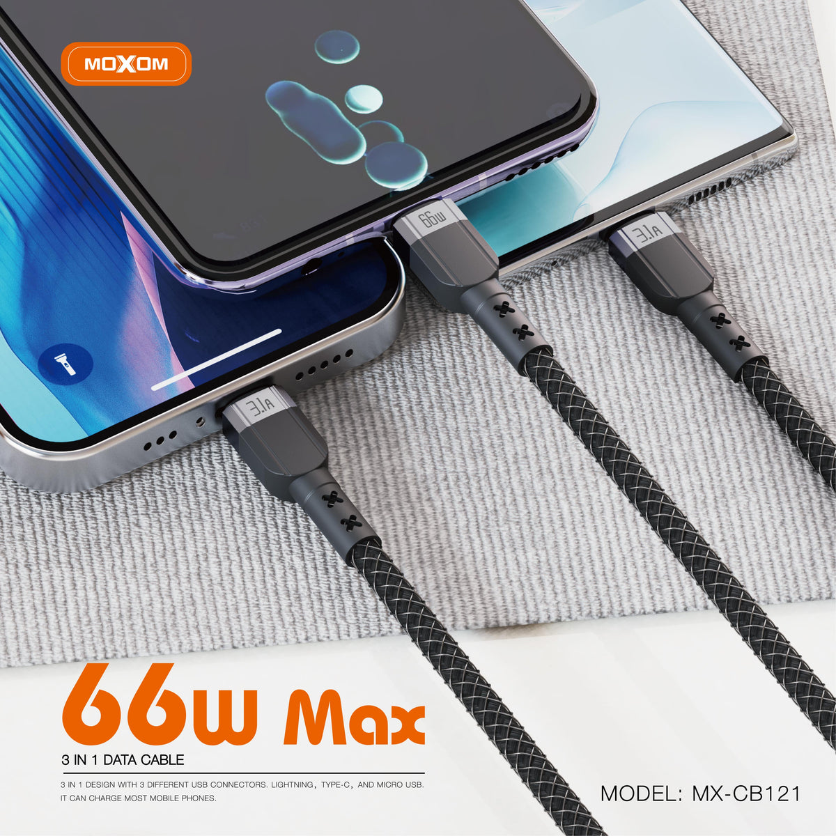MOXOM MX-CB121 3-in-1 Charging Cable – 66W Max, Micro USB + Lightning + Type-C, One Cable for All