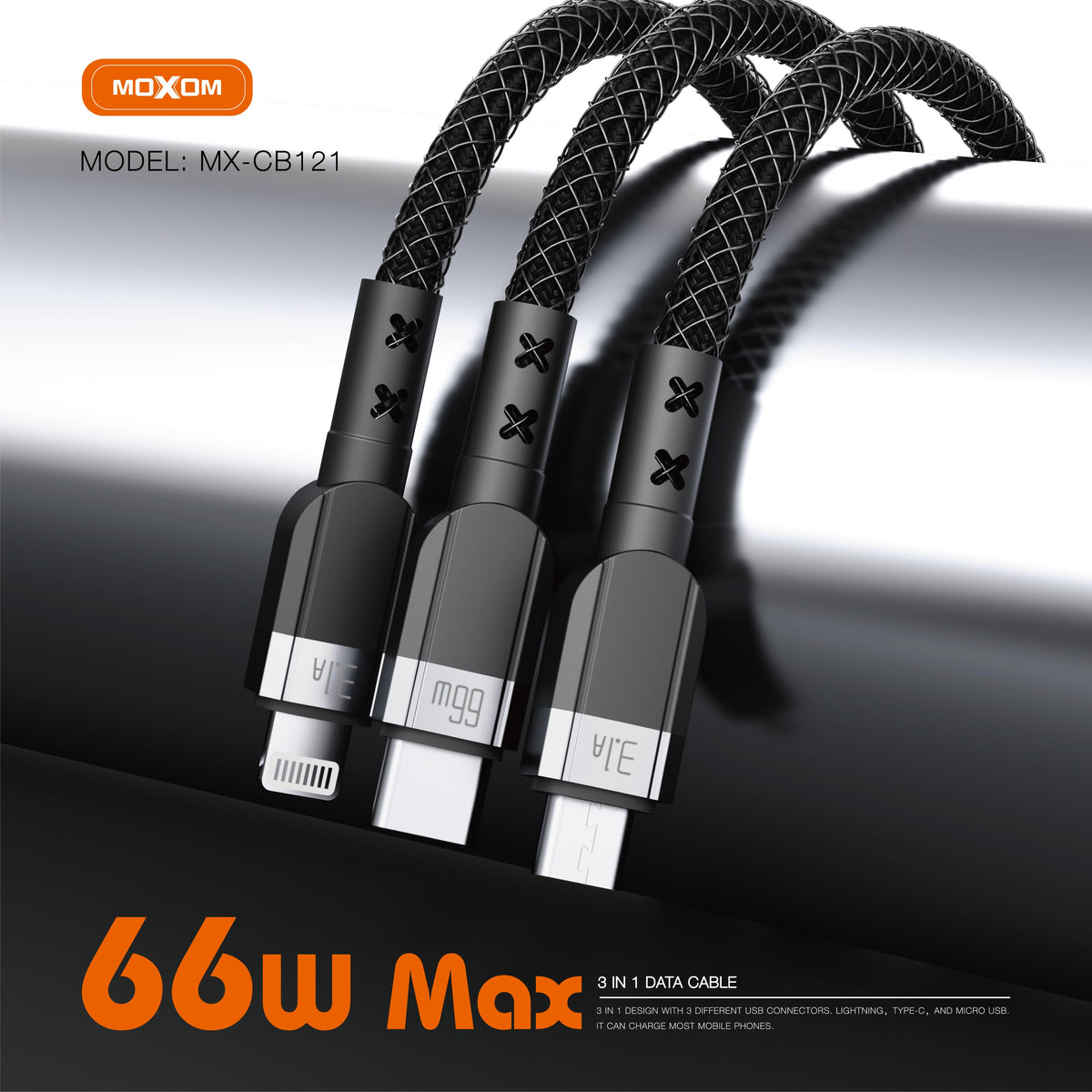 MOXOM MX-CB121 3-in-1 Charging Cable – 66W Max, Micro USB + Lightning + Type-C, One Cable for All