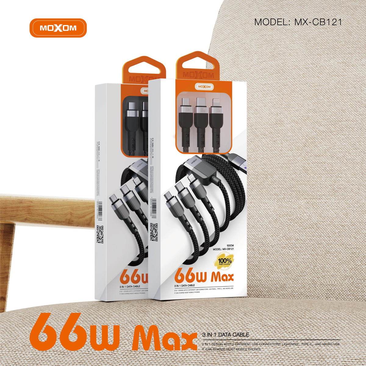 MOXOM MX-CB121 3-in-1 Charging Cable – 66W Max, Micro USB + Lightning + Type-C, One Cable for All