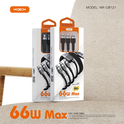 MOXOM MX-CB121 3-in-1 Charging Cable – 66W Max, Micro USB + Lightning + Type-C, One Cable for All
