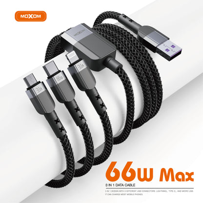 MOXOM MX-CB121 3-in-1 Charging Cable – 66W Max, Micro USB + Lightning + Type-C, One Cable for All