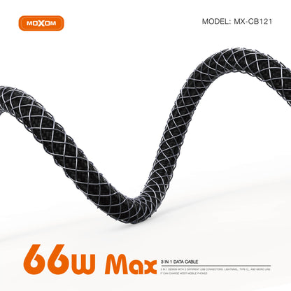 MOXOM MX-CB121 3-in-1 Charging Cable – 66W Max, Micro USB + Lightning + Type-C, One Cable for All