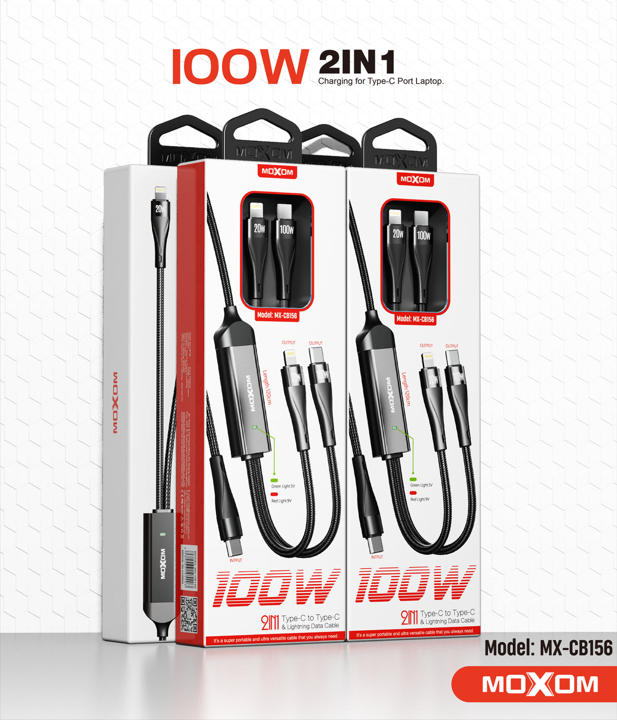MOXOM MX-CB156 2-in-1 Charging Cable – 100W USB-C to USB-C + Lightning, Charge Laptop & iPhone Together