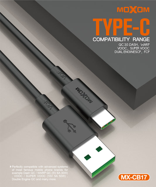 MOXOM MX-CB17 USB-A to Type-C Cable – 6A, Up to 50W, Supports SuperVOOC, WARP, DASH, SCP, QC3.0
