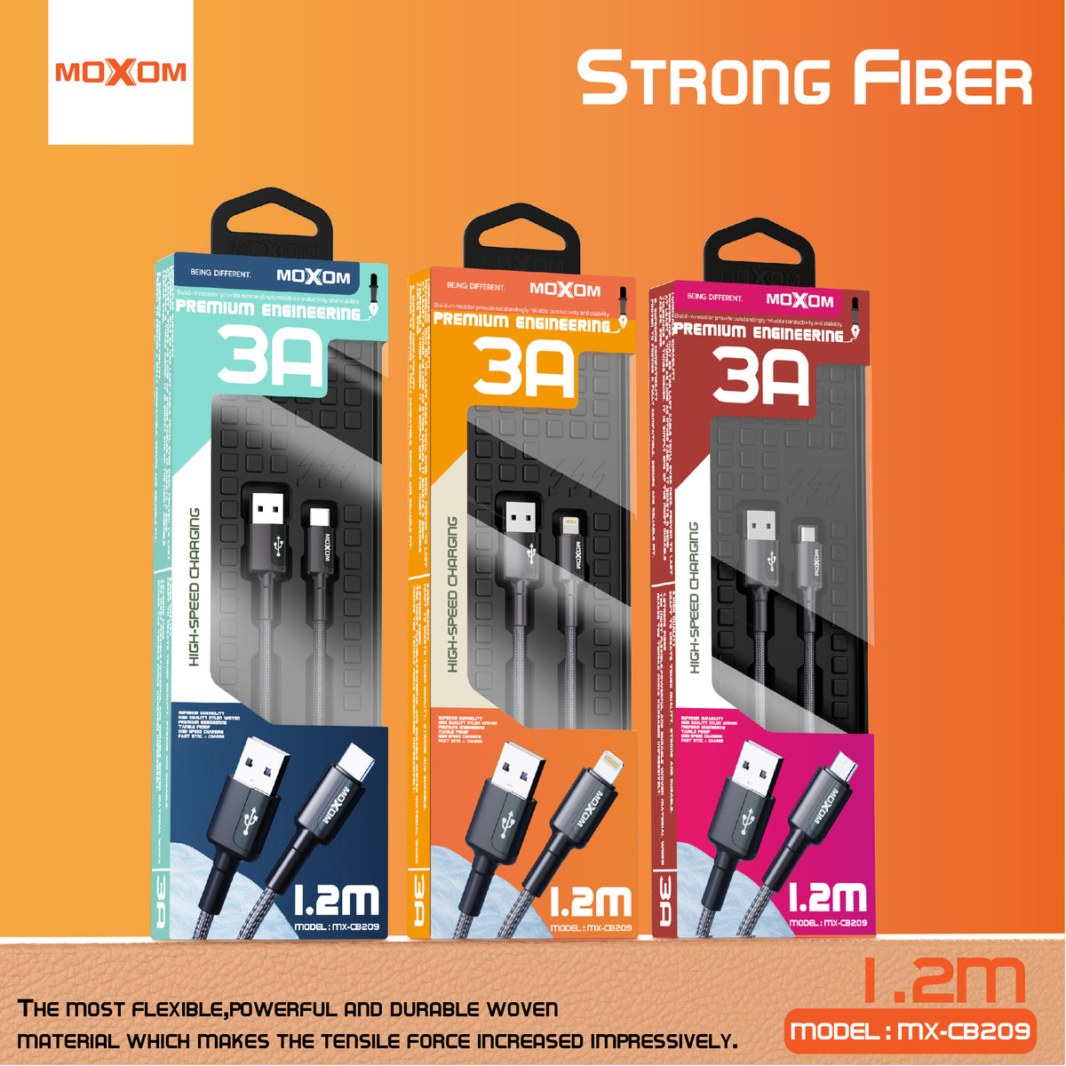 MOXOM MX-CB209 Strong Fast Charging Cable – Micro USB / Type-C / Lightning, Durable Build, 1.2m