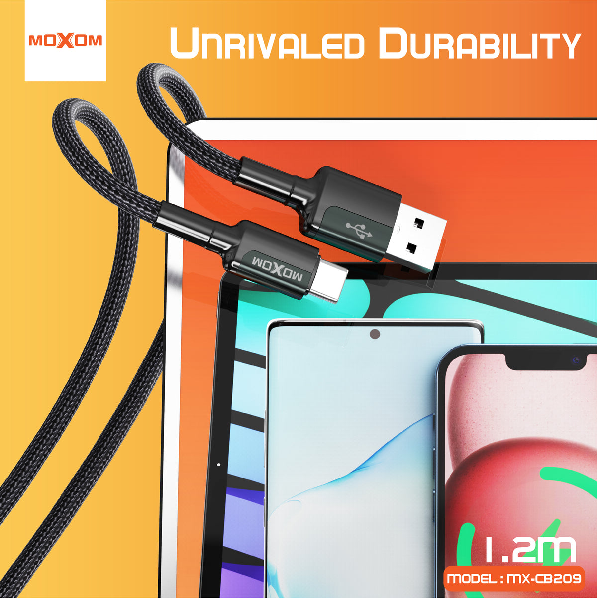 MOXOM MX-CB209 Strong Fast Charging Cable – Micro USB / Type-C / Lightning, Durable Build, 1.2m