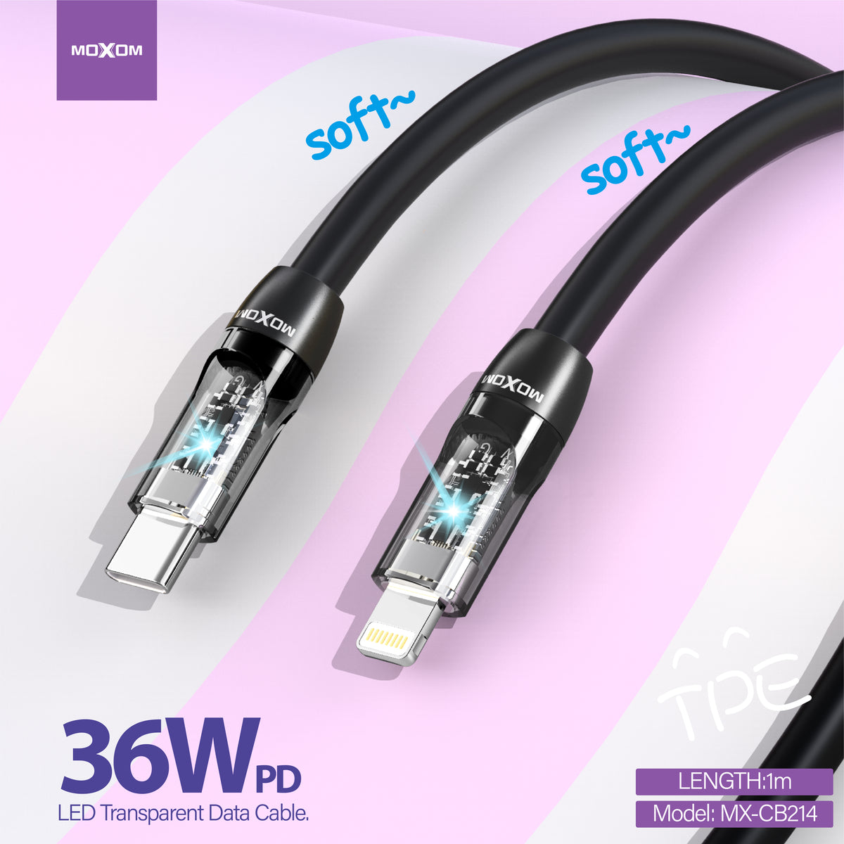 MOXOM MX-CB214 USB-C to Lightning Cable – 36W PD Fast Charging, Durable Everyday Use